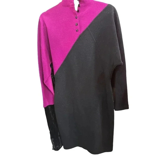 Vintage Pink & Black Colorblock Mock Neck Sweater Dress Size Petites M - Picture 3 of 4